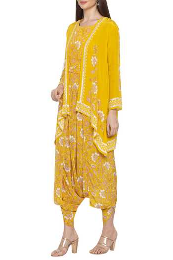 Buy_Soup By Sougat Paul_Yellow Crepe Floral Round Neck Printed Jumpsuit With Jacket _Online_at_Aza_Fashions