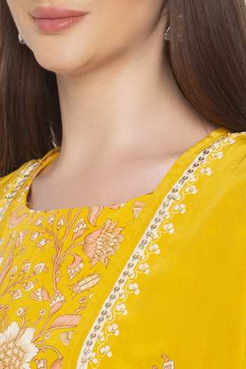 Shop_Soup By Sougat Paul_Yellow Crepe Floral Round Neck Printed Jumpsuit With Jacket _Online_at_Aza_Fashions