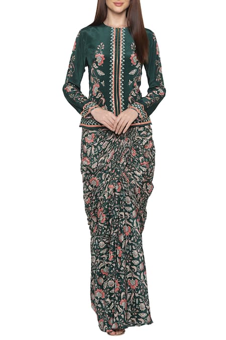 Buy_Soup By Sougat Paul_Green Printed Jacket Skirt Set _Online_at_Aza_Fashions