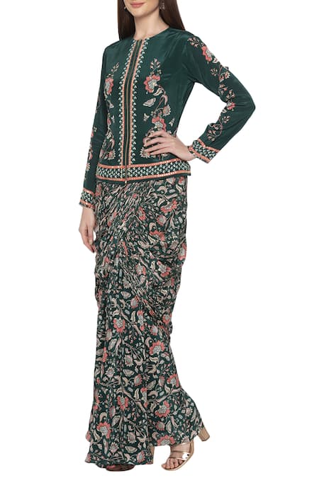 Soup By Sougat Paul_Green Printed Jacket Skirt Set _Online_at_Aza_Fashions