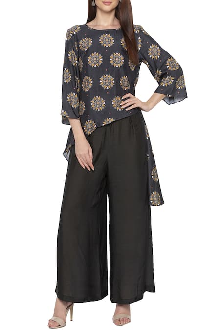Soup by Sougat Paul Beige Muslin Slub Round Printed Top Palazzo Set 