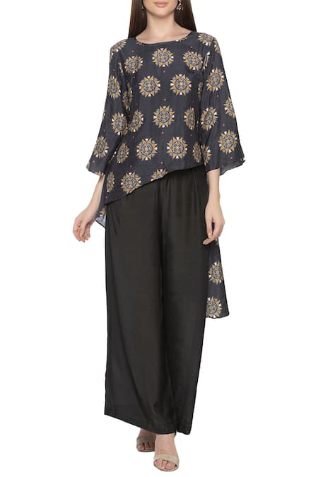 Soup By Sougat Paul_Beige Cotton, Muslin Slub Round Printed Top Palazzo Set _Online_at_Aza_Fashions