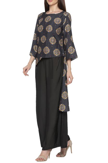 Buy_Soup By Sougat Paul_Beige Cotton, Muslin Slub Round Printed Top Palazzo Set _Online_at_Aza_Fashions