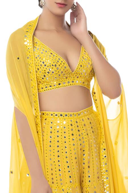 Tamanna Punjabi Kapoor Yellow Georgette V Neck Embroidered Sharara With Cape Set at Aza Fashions Tamanna Punjabi Kapoor_Yellow Georgette V Neck Embroidered Sharara With Cape Set _at_Aza_Fashions