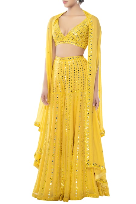 Shop Tamanna Punjabi Kapoor Yellow Georgette V Neck Embroidered Sharara With Cape Set at Aza Fashions Shop_Tamanna Punjabi Kapoor_Yellow Georgette V Neck Embroidered Sharara With Cape Set _at_Aza_Fashions