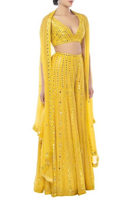 Tamanna Punjabi Kapoor Yellow Georgette V Neck Embroidered Sharara With Cape Set Online at Aza Fashions Tamanna Punjabi Kapoor_Yellow Georgette V Neck Embroidered Sharara With Cape Set _Online_at_Aza_Fashions