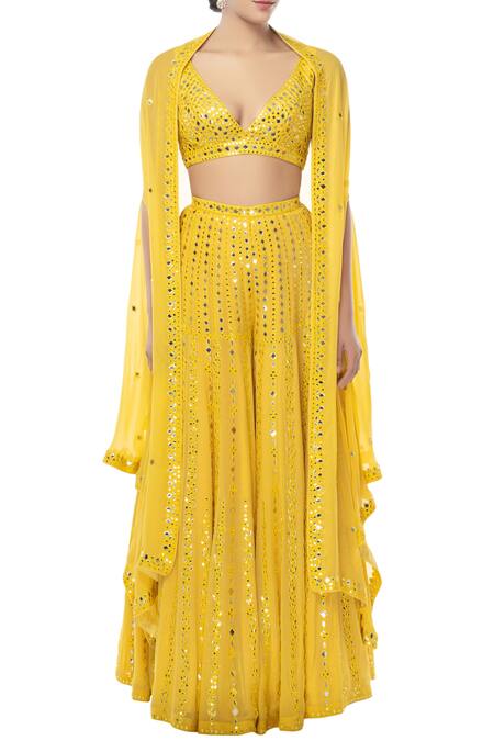 Buy Tamanna Punjabi Kapoor Yellow Georgette V Neck Embroidered Sharara With Cape Set Online at Aza Fashions Buy_Tamanna Punjabi Kapoor_Yellow Georgette V Neck Embroidered Sharara With Cape Set _Online_at_Aza_Fashions