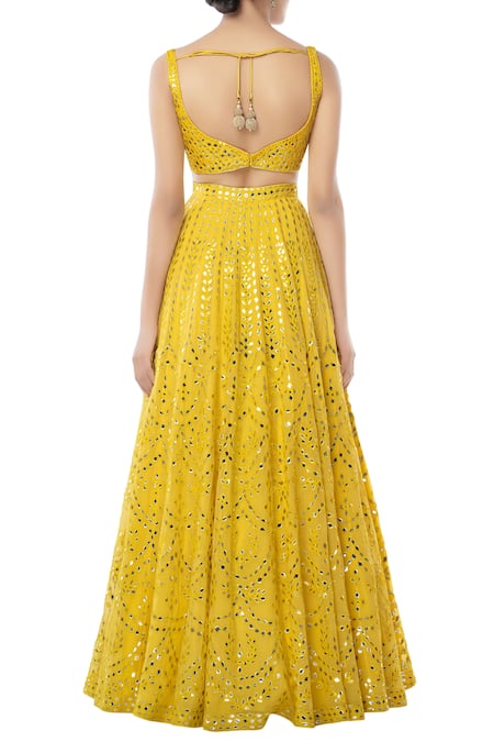 Shop_Tamanna Punjabi Kapoor_Yellow Georgette Sweetheart Neck Embroidered Bridal Lehenga Set _at_Aza_Fashions