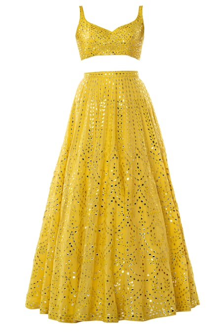 Shop_Tamanna Punjabi Kapoor_Yellow Georgette Sweetheart Neck Embroidered Bridal Lehenga Set _Online_at_Aza_Fashions