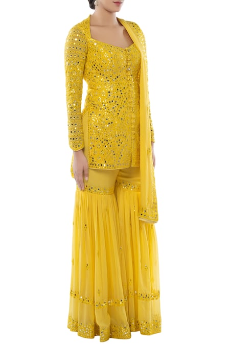 Tamanna Punjabi Kapoor Yellow Georgette Heart Embroidered Sharara Set Online at Aza Fashions Tamanna Punjabi Kapoor_Yellow Georgette Heart Embroidered Sharara Set _Online_at_Aza_Fashions