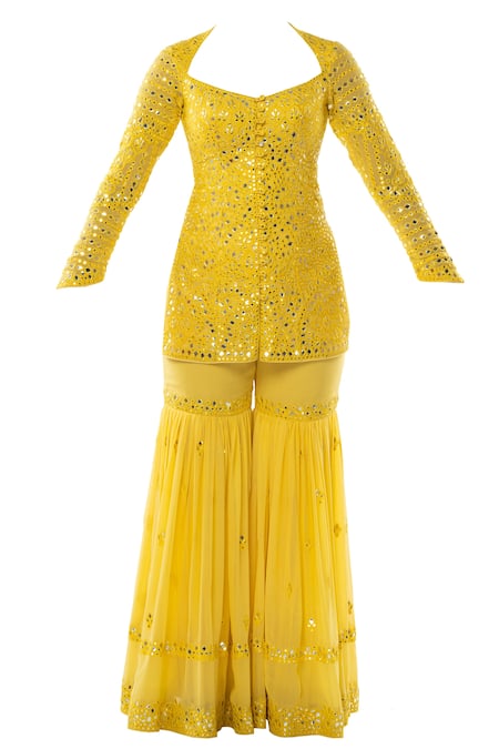 Shop Tamanna Punjabi Kapoor Yellow Georgette Heart Embroidered Sharara Set Online at Aza Fashions Shop_Tamanna Punjabi Kapoor_Yellow Georgette Heart Embroidered Sharara Set _Online_at_Aza_Fashions