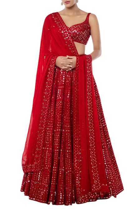 Tamanna Punjabi Kapoor Red Georgette Decolletage Embroidered Bridal Lehenga Set  