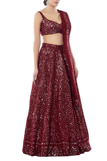 Tamanna Punjabi Kapoor Maroon Georgette Decolletage Embroidered Bridal Lehenga Set Online at Aza Fashions Tamanna Punjabi Kapoor_Maroon Georgette Decolletage Embroidered Bridal Lehenga Set _Online_at_Aza_Fashions