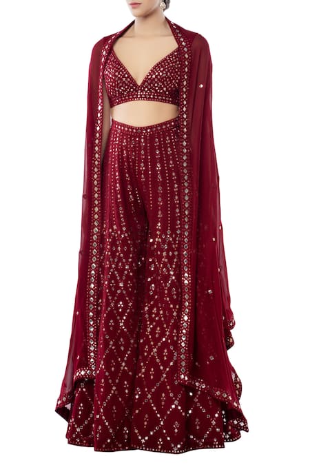 Shop Tamanna Punjabi Kapoor Maroon Georgette V Neck Embroidered Sharara With Cape Set at Aza Fashions Shop_Tamanna Punjabi Kapoor_Maroon Georgette V Neck Embroidered Sharara With Cape Set _at_Aza_Fashions