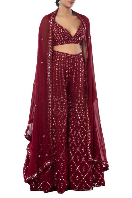 Tamanna Punjabi Kapoor Maroon Georgette V Neck Embroidered Sharara With Cape Set Online at Aza Fashions Tamanna Punjabi Kapoor_Maroon Georgette V Neck Embroidered Sharara With Cape Set _Online_at_Aza_Fashions