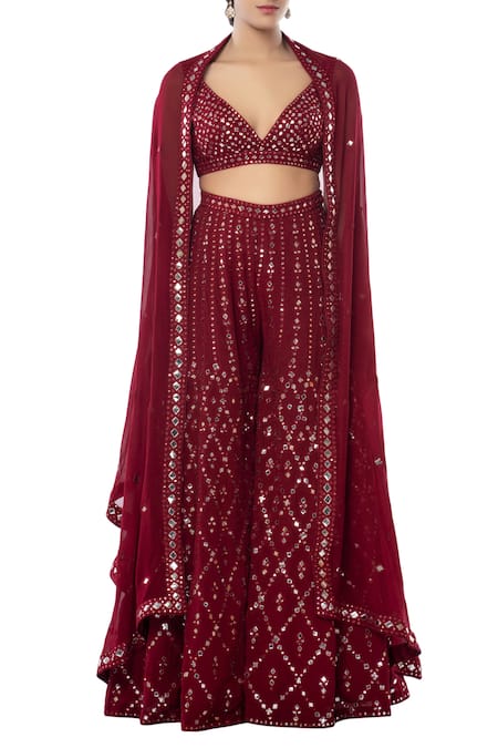 Buy Tamanna Punjabi Kapoor Maroon Georgette V Neck Embroidered Sharara With Cape Set Online at Aza Fashions Buy_Tamanna Punjabi Kapoor_Maroon Georgette V Neck Embroidered Sharara With Cape Set _Online_at_Aza_Fashions