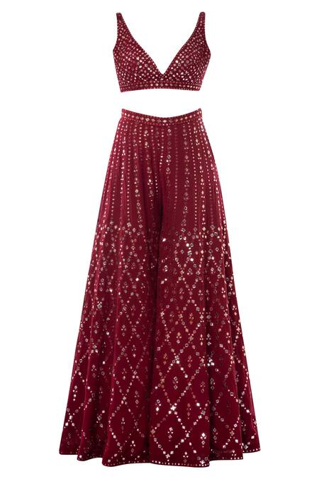 Shop Tamanna Punjabi Kapoor Maroon Georgette V Neck Embroidered Sharara With Cape Set Online at Aza Fashions Shop_Tamanna Punjabi Kapoor_Maroon Georgette V Neck Embroidered Sharara With Cape Set _Online_at_Aza_Fashions