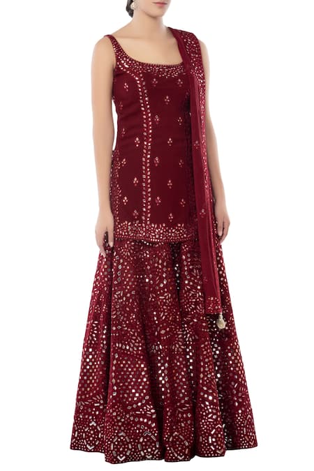 Tamanna Punjabi Kapoor Maroon Georgette Round Embroidered Kurta Sharara Set Online at Aza Fashions Tamanna Punjabi Kapoor_Maroon Georgette Round Embroidered Kurta Sharara Set _Online_at_Aza_Fashions