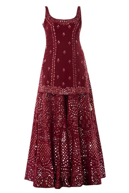 Buy Tamanna Punjabi Kapoor Maroon Georgette Round Embroidered Kurta Sharara Set Online at Aza Fashions Buy_Tamanna Punjabi Kapoor_Maroon Georgette Round Embroidered Kurta Sharara Set _Online_at_Aza_Fashions