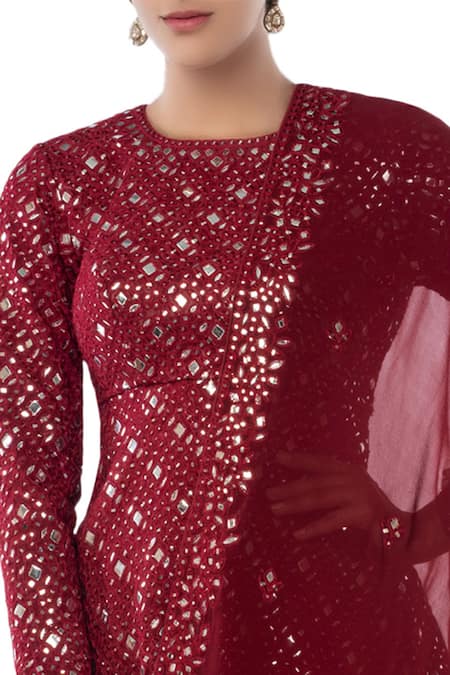 Tamanna Punjabi Kapoor Maroon Georgette Round Embroidered Kurta Sharara Set at Aza Fashions Tamanna Punjabi Kapoor_Maroon Georgette Round Embroidered Kurta Sharara Set _at_Aza_Fashions