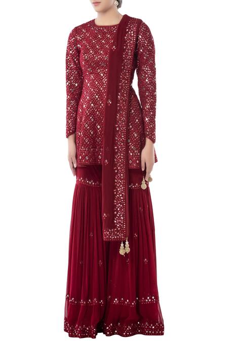 Buy Tamanna Punjabi Kapoor Maroon Georgette Round Embroidered Kurta Sharara Set Online at Aza Fashions Buy_Tamanna Punjabi Kapoor_Maroon Georgette Round Embroidered Kurta Sharara Set _Online_at_Aza_Fashions