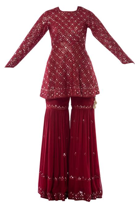 Shop Tamanna Punjabi Kapoor Maroon Georgette Round Embroidered Kurta Sharara Set Online at Aza Fashions Shop_Tamanna Punjabi Kapoor_Maroon Georgette Round Embroidered Kurta Sharara Set _Online_at_Aza_Fashions