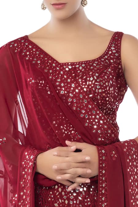 Tamanna Punjabi Kapoor Maroon Georgette Round Embroidered Kurta Sharara Set at Aza Fashions Tamanna Punjabi Kapoor_Maroon Georgette Round Embroidered Kurta Sharara Set _at_Aza_Fashions