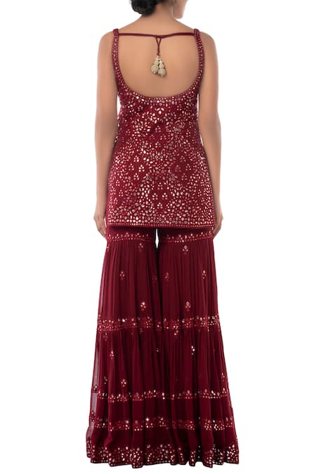 Shop Tamanna Punjabi Kapoor Maroon Georgette Round Embroidered Kurta Sharara Set at Aza Fashions Shop_Tamanna Punjabi Kapoor_Maroon Georgette Round Embroidered Kurta Sharara Set _at_Aza_Fashions