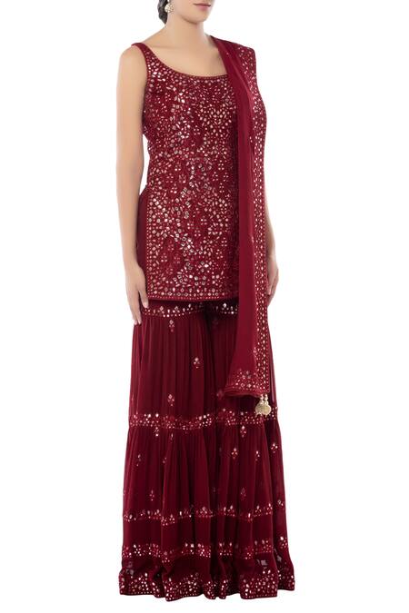 Tamanna Punjabi Kapoor Maroon Georgette Round Embroidered Kurta Sharara Set Online at Aza Fashions Tamanna Punjabi Kapoor_Maroon Georgette Round Embroidered Kurta Sharara Set _Online_at_Aza_Fashions
