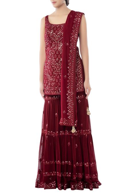 Buy Tamanna Punjabi Kapoor Maroon Georgette Round Embroidered Kurta Sharara Set Online at Aza Fashions Buy_Tamanna Punjabi Kapoor_Maroon Georgette Round Embroidered Kurta Sharara Set _Online_at_Aza_Fashions