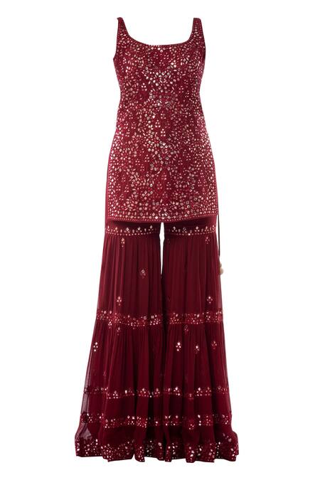 Shop Tamanna Punjabi Kapoor Maroon Georgette Round Embroidered Kurta Sharara Set Online at Aza Fashions Shop_Tamanna Punjabi Kapoor_Maroon Georgette Round Embroidered Kurta Sharara Set _Online_at_Aza_Fashions