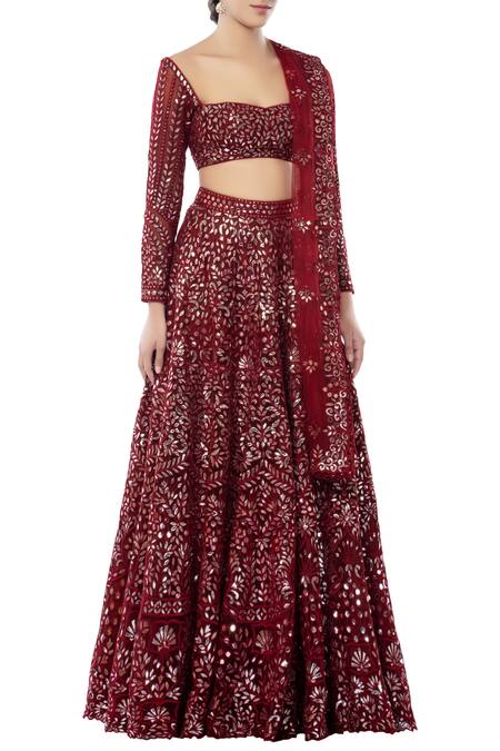 Tamanna Punjabi Kapoor Maroon Net Sweetheart Neck Embroidered Bridal Lehenga Set Online at Aza Fashions Tamanna Punjabi Kapoor_Maroon Net Sweetheart Neck Embroidered Bridal Lehenga Set _Online_at_Aza_Fashions
