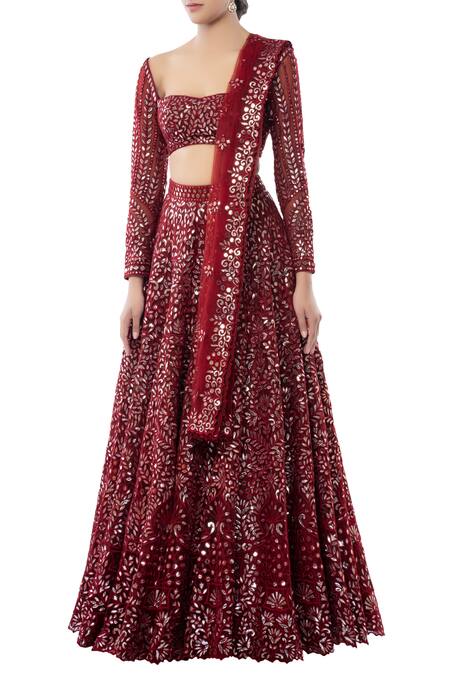 Buy Tamanna Punjabi Kapoor Maroon Net Sweetheart Neck Embroidered Bridal Lehenga Set Online at Aza Fashions Buy_Tamanna Punjabi Kapoor_Maroon Net Sweetheart Neck Embroidered Bridal Lehenga Set _Online_at_Aza_Fashions