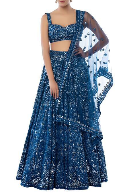 Tamanna Punjabi Kapoor Blue Net Sweetheart Neck Embroidered Bridal Lehenga Set Online at Aza Fashions Tamanna Punjabi Kapoor_Blue Net Sweetheart Neck Embroidered Bridal Lehenga Set _Online_at_Aza_Fashions