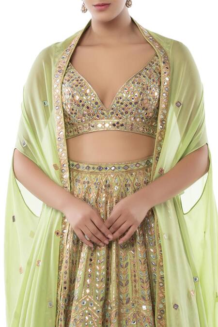 Tamanna Punjabi Kapoor Green Georgette V Neck Embroidered Lehenga Cape Set at Aza Fashions Tamanna Punjabi Kapoor_Green Georgette V Neck Embroidered Lehenga Cape Set _at_Aza_Fashions