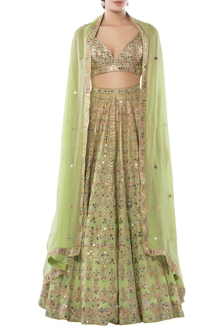 Shop Tamanna Punjabi Kapoor Green Georgette V Neck Embroidered Lehenga Cape Set at Aza Fashions Shop_Tamanna Punjabi Kapoor_Green Georgette V Neck Embroidered Lehenga Cape Set _at_Aza_Fashions