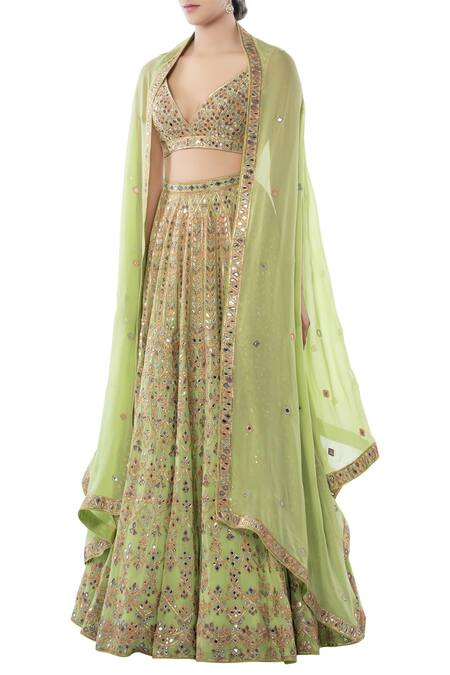 Buy Tamanna Punjabi Kapoor Green Georgette V Neck Embroidered Lehenga Cape Set Online at Aza Fashions Buy_Tamanna Punjabi Kapoor_Green Georgette V Neck Embroidered Lehenga Cape Set _Online_at_Aza_Fashions
