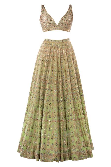 Shop Tamanna Punjabi Kapoor Green Georgette V Neck Embroidered Lehenga Cape Set Online at Aza Fashions Shop_Tamanna Punjabi Kapoor_Green Georgette V Neck Embroidered Lehenga Cape Set _Online_at_Aza_Fashions