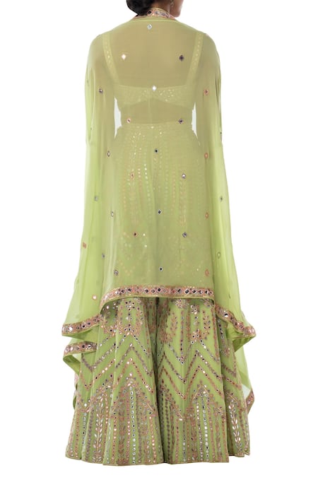 Shop Tamanna Punjabi Kapoor Green Georgette Sweetheart Neck Embroidered Sharara With Cape Set at Aza Fashions Shop_Tamanna Punjabi Kapoor_Green Georgette Sweetheart Neck Embroidered Sharara With Cape Set _at_Aza_Fashions