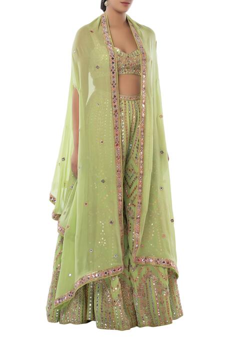 Tamanna Punjabi Kapoor Green Georgette Sweetheart Neck Embroidered Sharara With Cape Set Online at Aza Fashions Tamanna Punjabi Kapoor_Green Georgette Sweetheart Neck Embroidered Sharara With Cape Set _Online_at_Aza_Fashions