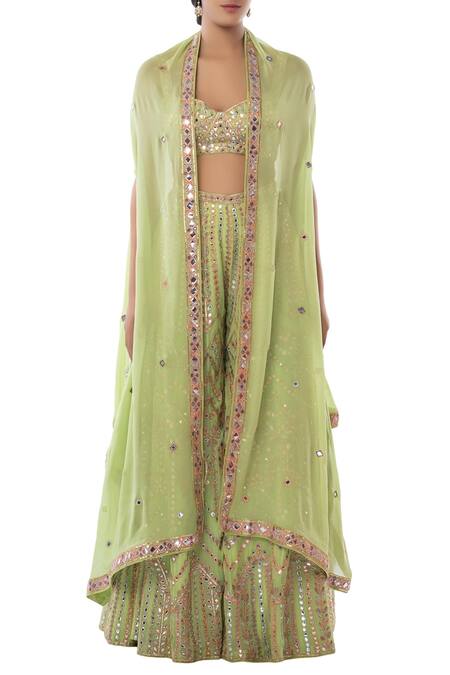 Shop Tamanna Punjabi Kapoor Green Georgette Sweetheart Neck Embroidered Sharara With Cape Set Online at Aza Fashions Shop_Tamanna Punjabi Kapoor_Green Georgette Sweetheart Neck Embroidered Sharara With Cape Set _Online_at_Aza_Fashions