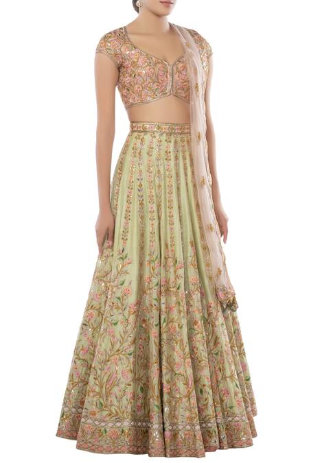 Tamanna Punjabi Kapoor Green Net, Chanderi Silk Round Bridal Lehenga Set Online at Aza Fashions Tamanna Punjabi Kapoor_Green Net, Chanderi Silk Round Bridal Lehenga Set _Online_at_Aza_Fashions