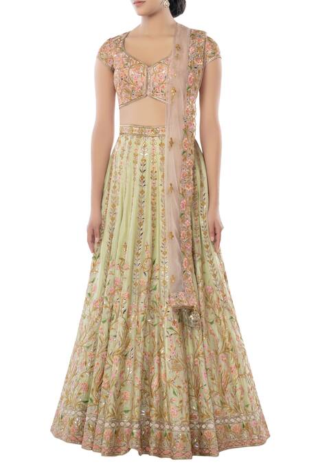 Buy Tamanna Punjabi Kapoor Green Net, Chanderi Silk Round Bridal Lehenga Set Online at Aza Fashions Buy_Tamanna Punjabi Kapoor_Green Net, Chanderi Silk Round Bridal Lehenga Set _Online_at_Aza_Fashions