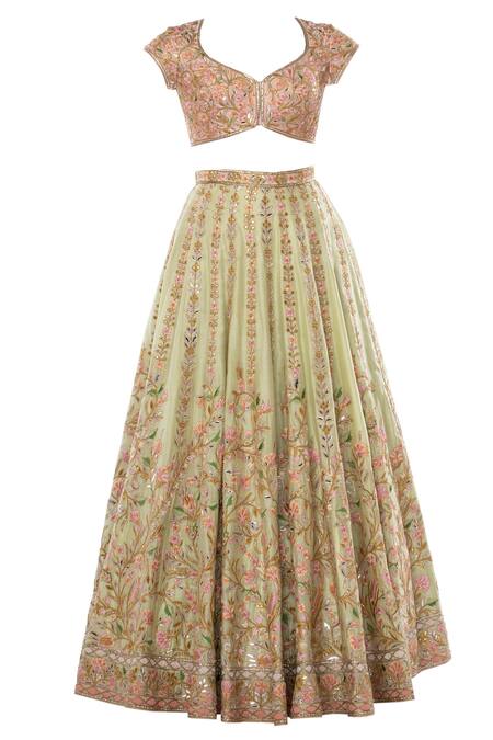 Shop Tamanna Punjabi Kapoor Green Net, Chanderi Silk Round Bridal Lehenga Set Online at Aza Fashions Shop_Tamanna Punjabi Kapoor_Green Net, Chanderi Silk Round Bridal Lehenga Set _Online_at_Aza_Fashions