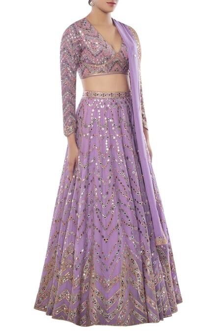 Tamanna Punjabi Kapoor Purple Georgette V Neck Embroidered Bridal Lehenga Set Online at Aza Fashions Tamanna Punjabi Kapoor_Purple Georgette V Neck Embroidered Bridal Lehenga Set _Online_at_Aza_Fashions