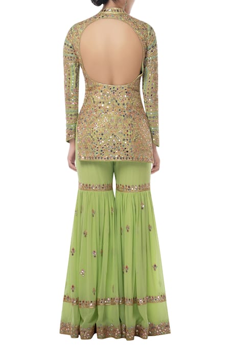 Shop Tamanna Punjabi Kapoor Green Georgette Sweetheart Neck Embroidered Kurta Sharara Set at Aza Fashions Shop_Tamanna Punjabi Kapoor_Green Georgette Sweetheart Neck Embroidered Kurta Sharara Set _at_Aza_Fashions