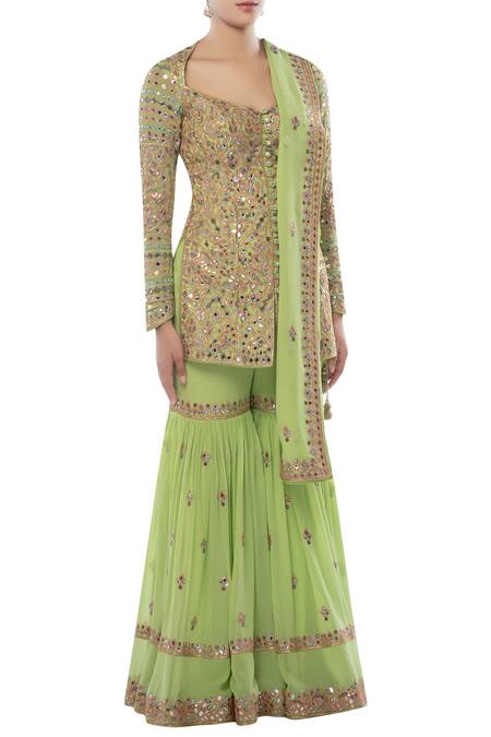 Tamanna Punjabi Kapoor Green Georgette Sweetheart Neck Embroidered Kurta Sharara Set Online at Aza Fashions Tamanna Punjabi Kapoor_Green Georgette Sweetheart Neck Embroidered Kurta Sharara Set _Online_at_Aza_Fashions