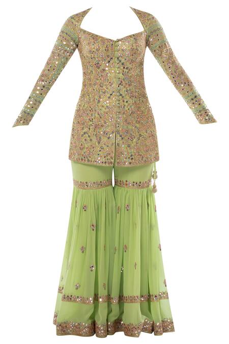 Buy Tamanna Punjabi Kapoor Green Georgette Sweetheart Neck Embroidered Kurta Sharara Set Online at Aza Fashions Buy_Tamanna Punjabi Kapoor_Green Georgette Sweetheart Neck Embroidered Kurta Sharara Set _Online_at_Aza_Fashions