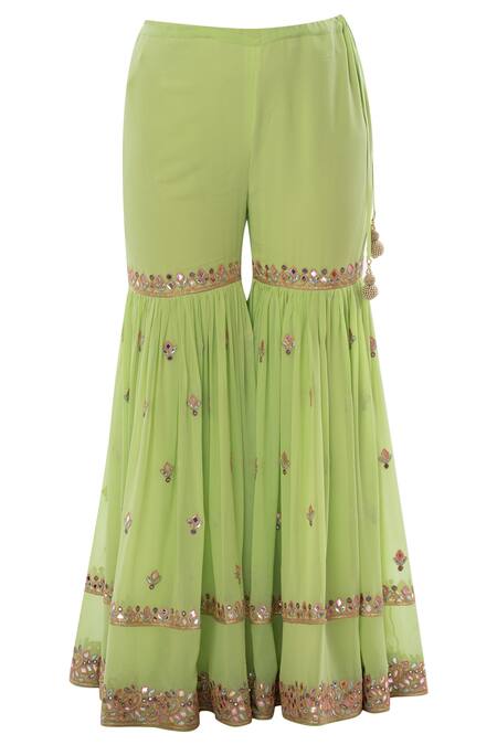 Shop Tamanna Punjabi Kapoor Green Georgette Sweetheart Neck Embroidered Kurta Sharara Set Online at Aza Fashions Shop_Tamanna Punjabi Kapoor_Green Georgette Sweetheart Neck Embroidered Kurta Sharara Set _Online_at_Aza_Fashions