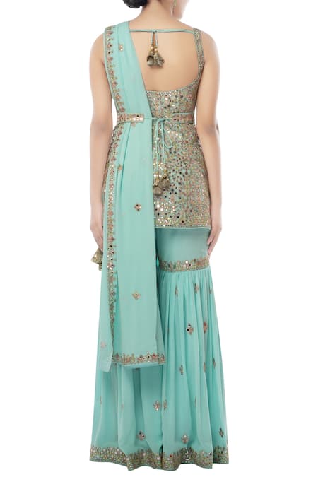 Shop Tamanna Punjabi Kapoor Blue Georgette Square Neck Embroidered Kurta Sharara Set at Aza Fashions Shop_Tamanna Punjabi Kapoor_Blue Georgette Square Neck Embroidered Kurta Sharara Set _at_Aza_Fashions